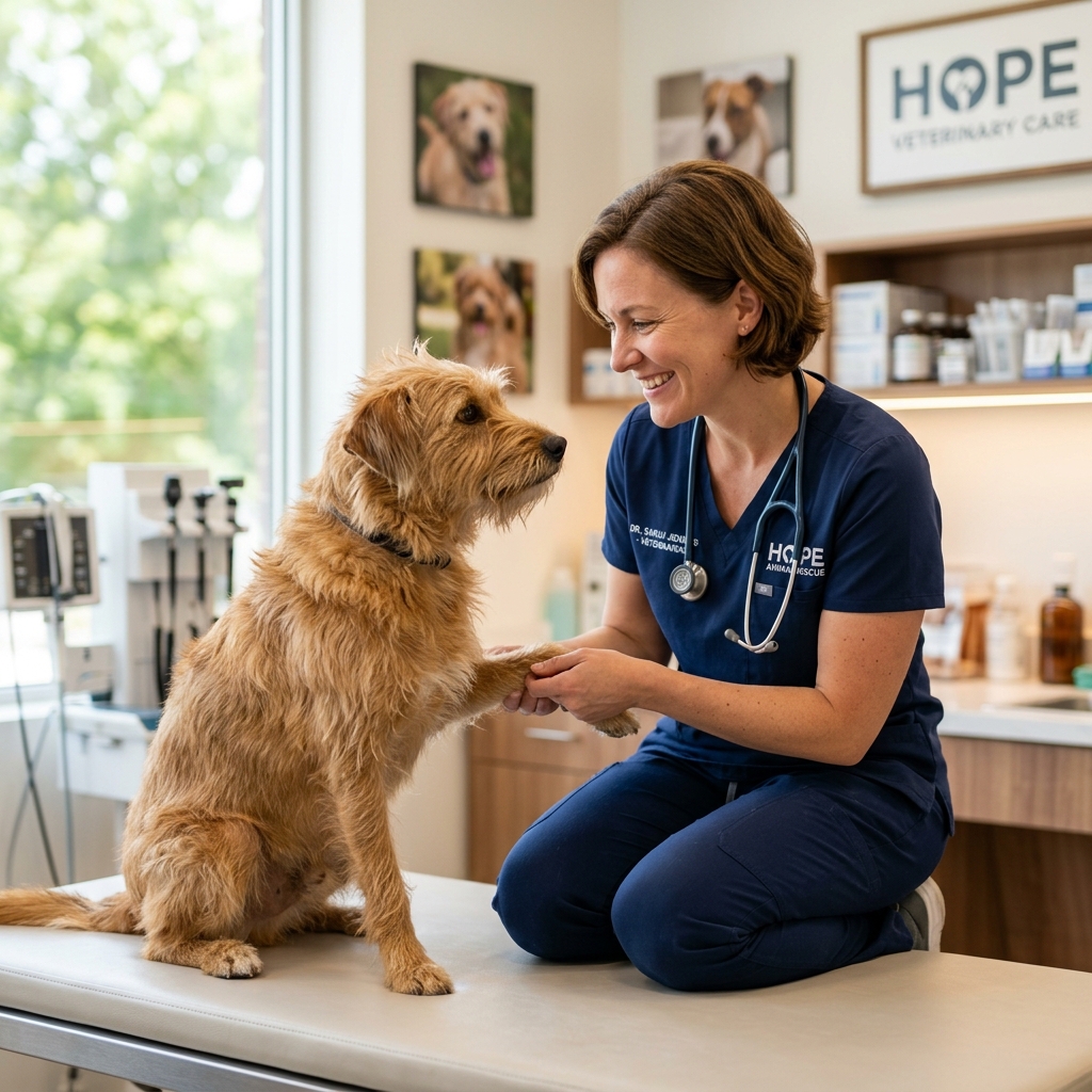 Veterinarian caring for a rescued dog